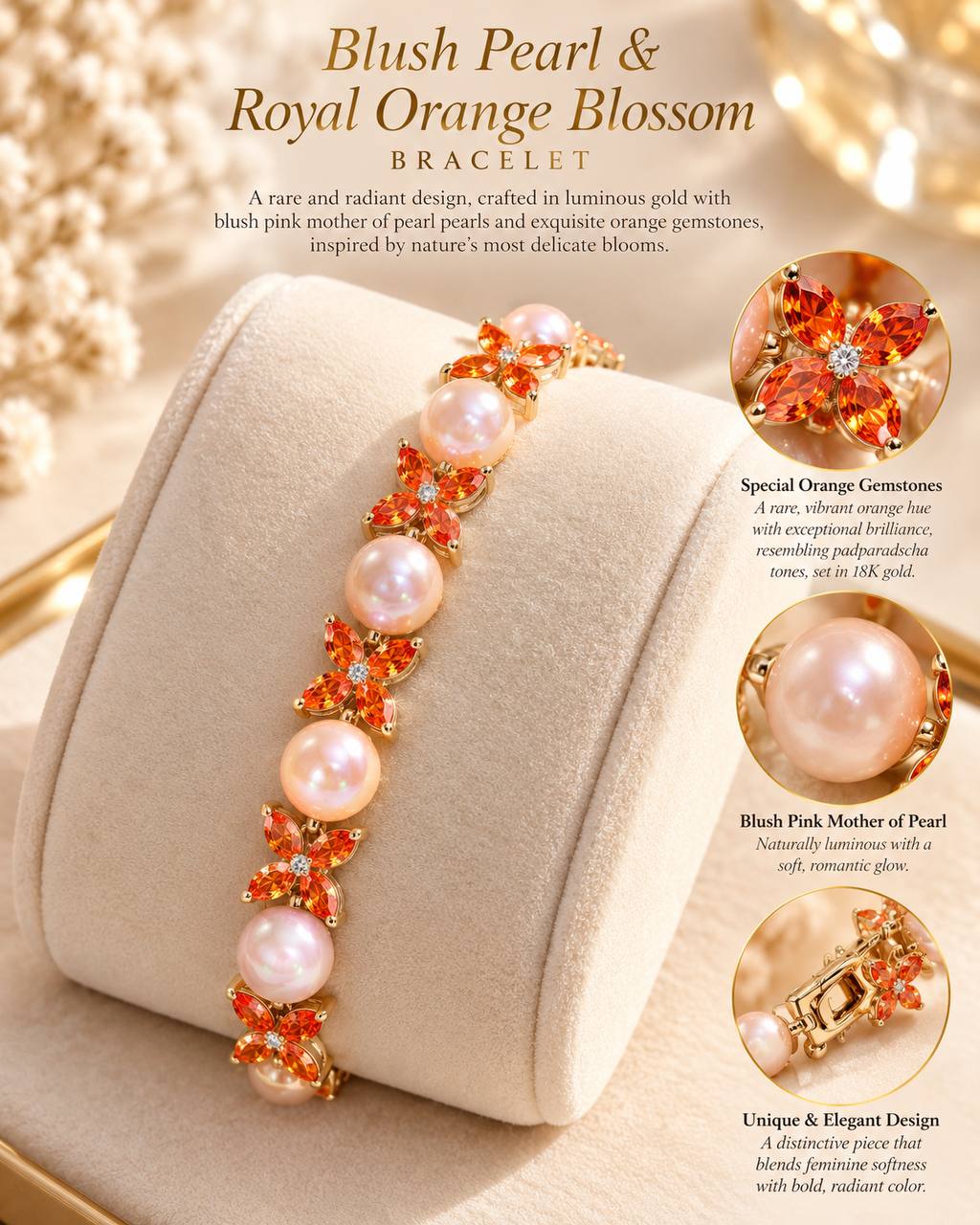 Pearl - Blush & Mandarin Orange Crystal Blossom Bracelet